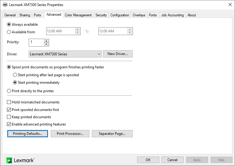 Setting printing defaults