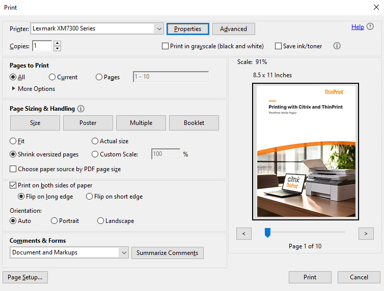 Application-specific printing properties