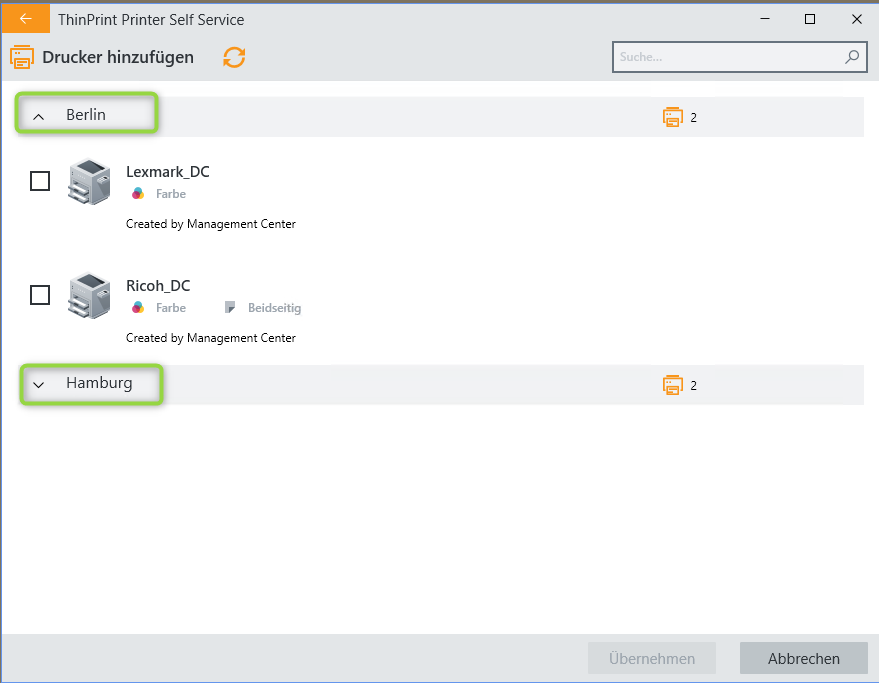 Bequem die passenden Drucker am jeweiligen Standort auswählen