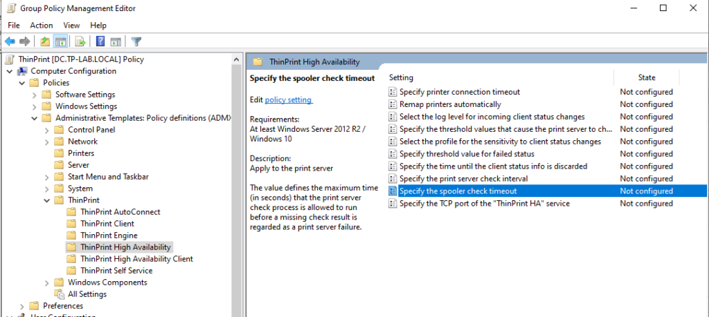 ThinPrint Hochverfügbarkeitsgruppenrichtlinie für die Spooler-Prüfuing