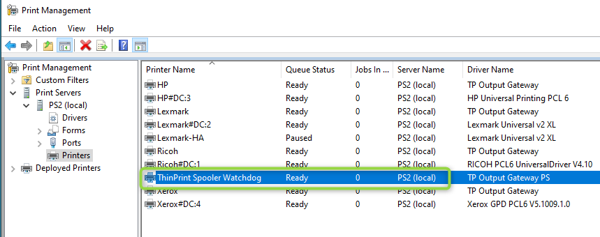 ThinPrints virtueller Drucker Spooler Watchdog in der Druckerliste